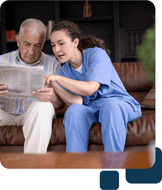 dependable in home caregiver reading paper with client